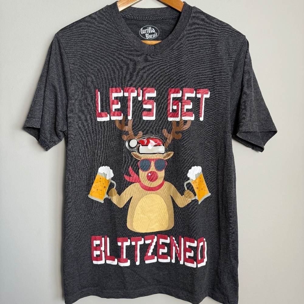 Ugly Christmas T-Shirt "Let's get Blitzened" Short Sleeve Gray Size Medium